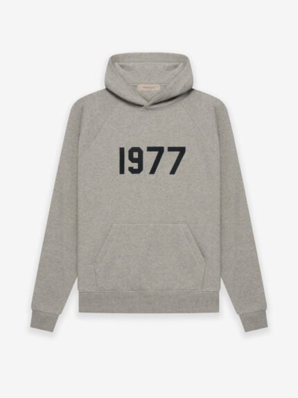 Essentials 1977 Hoodie in Dark Gray, showcasing timeless comfort and style.