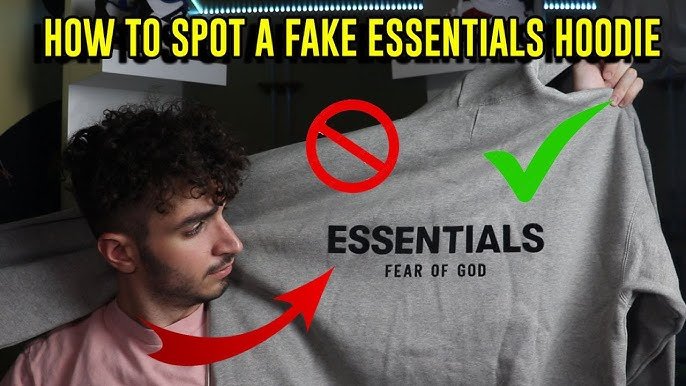 "Comparison of a genuine vs. fake Essentials hoodie showing differences in material quality, stitching, logo accuracy, and tag details."